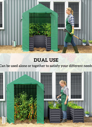 Greenhouse with Raised Garden Bed, Galvanized Steel Outdoor Greenhouse with Roll Up Door, 56" x 56" x 75", Dark Gray