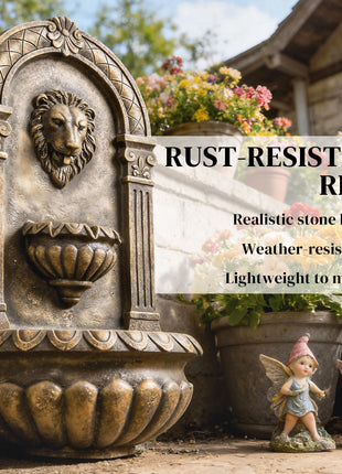 31" Wall-Mounted Outdoor Fountain, 3-Tier Cascading Waterfall Feature with LED Lights and Adjustable Flow, Bronze