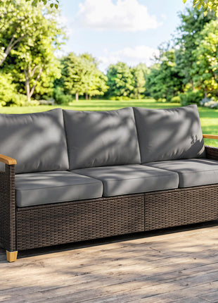 3 Seater Outdoor Couch Sofa, PE Wicker Patio Sofa, Wide Deep Seat, 4" Cushions, Wood-Effect Armrests Legs, Gray