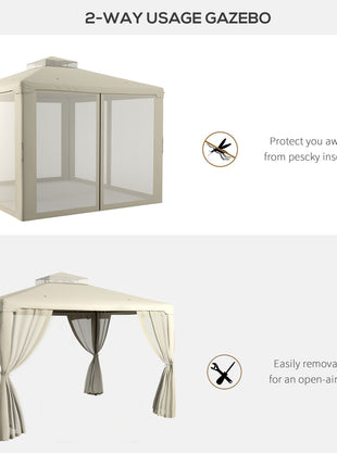 9.6' x 11.6' Patio Gazebo Outdoor Canopy Shelter with 2-Tier Roof and Netting, Steel Frame for Garden, Cream White
