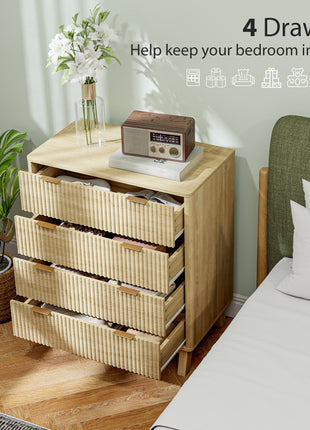 4 Drawer Double Dresser for Bedroom, Fluted Chest of Drawers with Gold Finger Pulls and 4 Wood Legs, Natural Wood