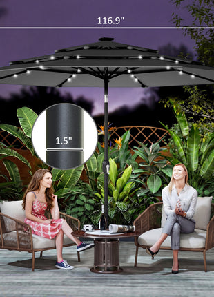 9.7 ft Outdoor Patio Umbrella with Solar LED Lights, 3 Tier Outdoor Table Umbrella with Tilt, Crank, Black