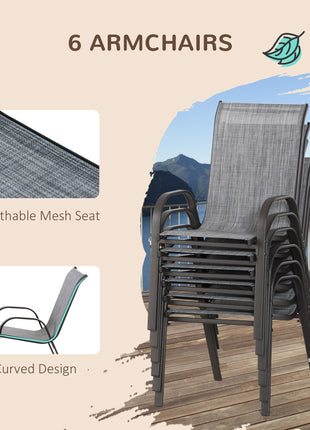 8 Pieces Patio Furniture Set with 9Ft Patio Umbrella, Outdoor Dining Table and Chairs, 6 Chairs, Push Button Tilt and Crank Parasol, Tempered Glass Top, Gray