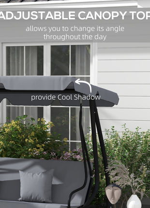 Free Standing Swing Bench, Porch Swing with Stand, Adjustable Canopy, Cushion and Pillows, Dark Gray