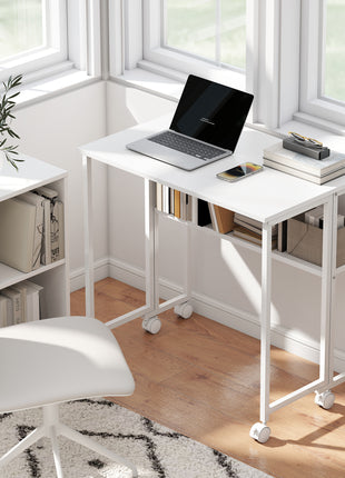 Folding Computer Desk, Foldable Desk with Storage Bag, Shelf and Wheels for Small Spaces, Home Office, White