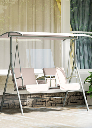 2-Seater Outdoor Porch Swing with Canopy and Table, Patio Swing Chair for Garden, Poolside, Backyard, Beige