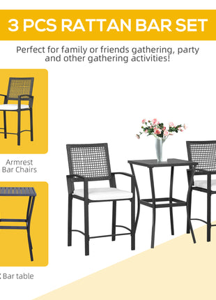 3pcs Patio Bar Set with Soft Cushion, Rattan Wicker Outdoor Furniture Set for Backyards, Lawn, Deck, Poolside