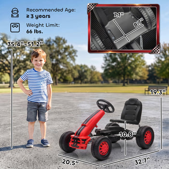 Lightweight Pedal Go Kart with Steering Wheel, Go Cart Ride on Toy with Adjustable Seat for 3+ Years, Red