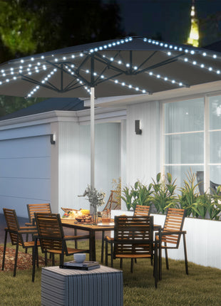 15ft Double-Sided Outdoor Umbrella with Solar Lights, UPF50+ Extra Large Aluminum Patio Umbrella with Crank, Dark Gray