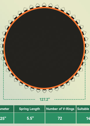 Trampoline Replacement Mat, Fits 12' Trampoline w/ 72 V-Hooks & 5.5" Springs (Spring & Frame not Included), Orange