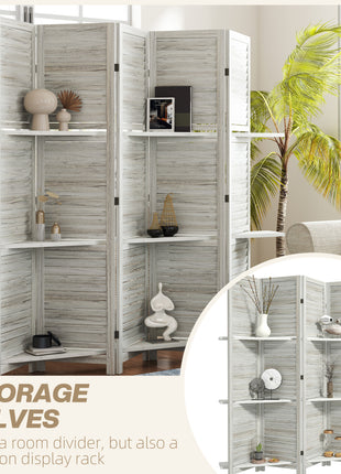 5 Panel 67" Tall Wood Privacy Screen Room Divider with 3 Shelves and Folding Storage for Bedroom, Distressed White