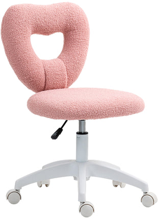 Armless Computer Desk Chair, Office Task Chair, Teddy Fleece Heart Makeup Vanity Chair with Swivel Wheels, Pink