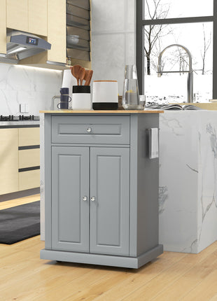 Rolling Kitchen Island Cart, Portable Serving Trolley Table with Drawer, Adjustable Shelf and 2 Towel Racks, Grey
