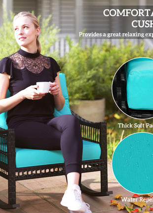3 Piece Outdoor PE Rattan Rocker Chair Set, Rocking Chair with Tempered Glass Table Top, Turquoise Green