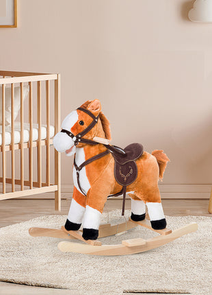 Kids Plush Toy Rocking Horse, Wooden Ride-on Chair, Plush Animal Rocker with Realistic Sounds and Moving Tail for Toddlers, Brown