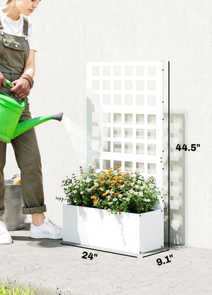 Galvanized Raised Garden Bed Planter Box with Trellis for Climbing Plants, Vegetable, Vines, 24" x 9" x 44.5", White