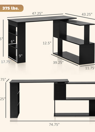 360° Rotating Home Office Desk L Shaped Corner Computer Desk with Storage Shelves, Writing Table Workstation, Black