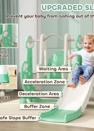 4 in 1 Toddler Slide and Swing Set for Ages 1.5-4, Toddler Playset Playground with Climber, Basketball Hoop, Green