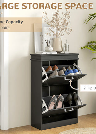 Modern Shoe Storage Cabinet with 2 Flip Drawers for 10 Pairs, Narrow Shoe Organizer for Entryway, Hallway, Black
