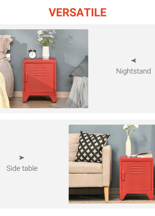 Industrial End Table, Living Room Side Table with Locker-Style Door and Adjustable Shelf, Red