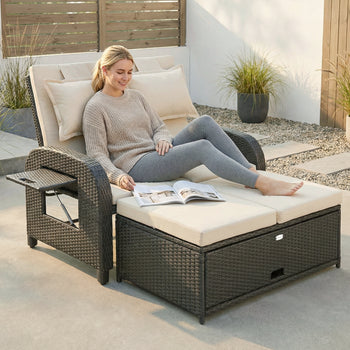 Patio Rattan Daybed, Wicker Outdoor Daybed with Storage Ottoman, Loveseat w/ Adjustable Backrest, Beige