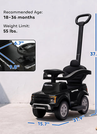 3 In 1 Licensed Ford Kids Push Car with Push Handle, Horn, Sound, Secure Bar, Storage, for Toddlers 18-36 Months, Black