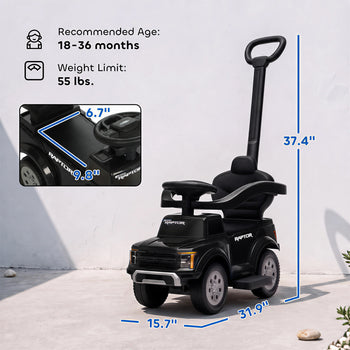 3 In 1 Licensed Ford Kids Push Car with Push Handle, Horn, Sound, Secure Bar, Storage, for Toddlers 18-36 Months, Black