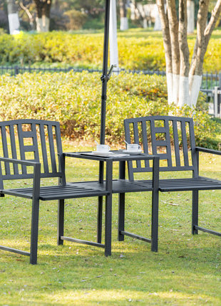 Metal Garden Bench with Middle Table and Umbrella Hole, 2-in-1 Double Patio Chairs, Outdoor 2-person Tete-a-Tete, Slatted, Black