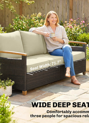 3 Seater Outdoor Couch Sofa, PE Wicker Patio Sofa, Wide Deep Seat, 4" Cushions, Wood-Effect Armrests Legs, Beige