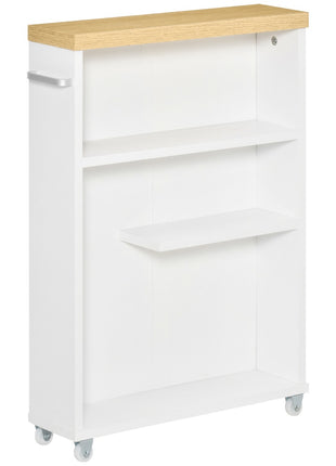 Slim Bathroom Cabinet with Castor Wheels Storage Organizer and Wood Shelves To Fit In Small Spaces, White