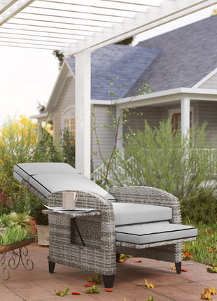 Outdoor Recliner Chair with Cushions, Reclining Patio Lounge Chair with Adjustable Footrest, Armrests, Tray Table, Gray