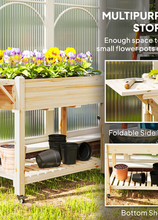 Wood Raised Planter Box, Elevated Garden Bed with Lockable Wheels, Side Tables, Bottom Shelf, Drain Holes, Natural