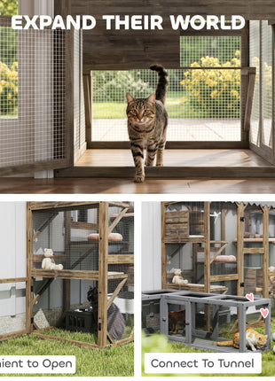 Outdoor Cat Enclosure with Window Access, 5 Platforms and 2 Resting Boxes, Waterproof Roof for Multiple Cats, Brown