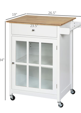 27" Rolling Kitchen Island Cart with Drawer and Glass Door Cabinet, Kitchen Trolley with Adjustable Shelf and Towel Rack, White