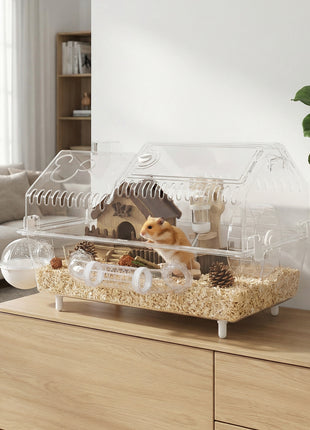 Hamster Cage with Large Wheel & Hideout, Small Animal Habitat with Accessories, Clear Pet House, 21.5" x 11.8" x 12.6",