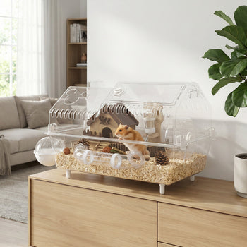 Hamster Cage with Large Wheel & Hideout, Small Animal Habitat with Accessories, Clear Pet House, 21.5" x 11.8" x 12.6",
