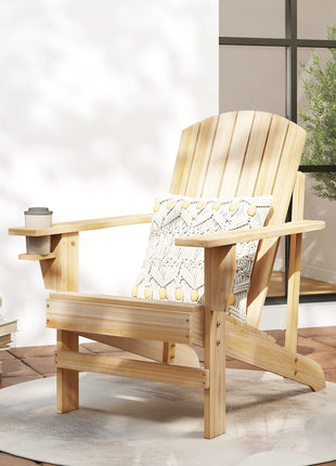 Oversized Adirondack Chair, Outdoor Fire Pit and Porch Seating, Classic Log Lounge w/ Built-in Cupholder, Natural Wood