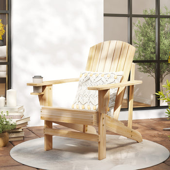 Oversized Adirondack Chair, Outdoor Fire Pit and Porch Seating, Classic Log Lounge w/ Built-in Cupholder, Natural Wood