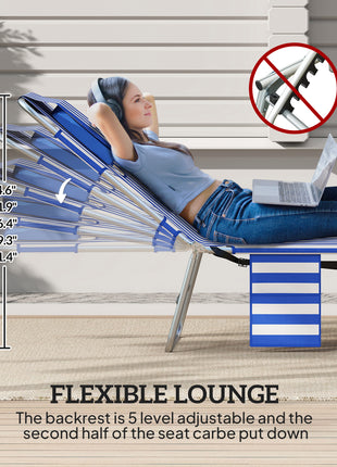 2 Tanning Chairs with Face Hole, 5-Level Adjustable Outdoor Chaise Lounge Chair with Pillow for Beach, Pool, Blue Stripe