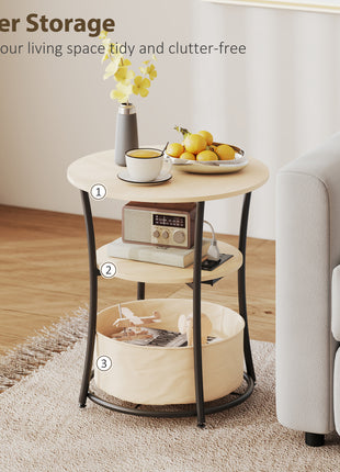 Round Side Table with Charging Station, 3-Tier End Table with Fabric Storage Bag and Shelf, Natural Wood