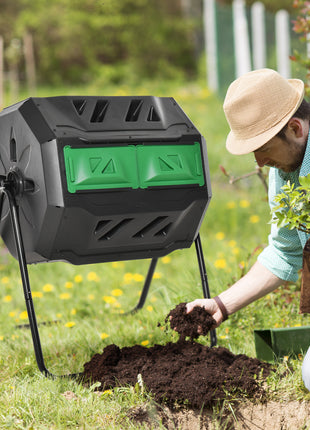 Tumbling Compost Bin Outdoor 360° Dual Chamber Rotating Composter 43 Gallon, Green