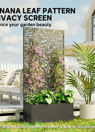 Metal Planter Box with Trellis, 71" Tall Raised Garden Bed with Privacy Screen and Drainage Holes, Banana-Leaf Cut-Outs