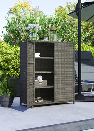 Rattan Wicker Outdoor Storage Cabinet with 4 Shelves and 2 Doors for Garden Pool Towel Storage, Mixed Gray