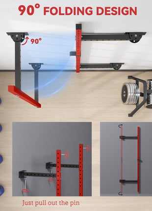 Folding Squat Rack with Pull Up Bar, Wall Mounted and Adjustable, 1000 Pounds Capacity Power Rack, Red