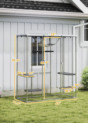 Catio Outdoor Cat Enclosure, Galvanized Steel Walk-in Cat Cage with Waterproof Cover, 5 Adjustable Platforms, Hammock