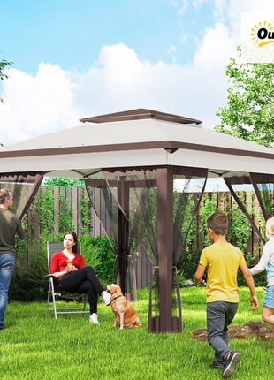 12' x 12' Pop Up Canopy Tent with Netting and Carry Bag, Instant Sun Shelter with 137 sq.ft Shade, Beige and Brown