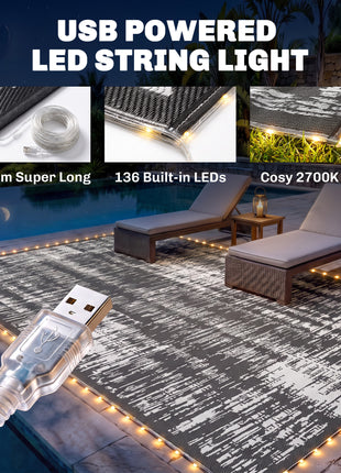 Reversible Outdoor Rug Carpet with LED Lights, Carry Bag & Ground Stakes for Backyard, Deck, Picnic, Beach, 12' x 9'