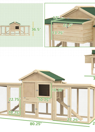 Wooden Chicken Coop ith Nesting Box, Double Runs, Removable Tray, Ramps, for Garden Backyard