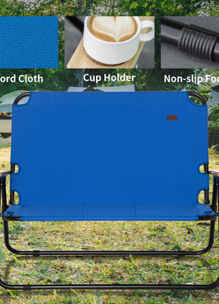 Double Folding Camping Chair, Loveseat for 2 Adults, Portable Camping Couch with Wood Armrest & Cupholders, for Backpacking, Beach, Sports Travel, Blue