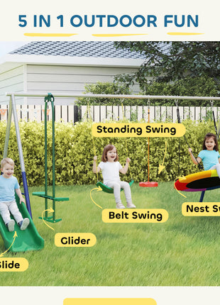5-in-1 Kids Swing Set with Slide, Swings and Glider for Backyard, 770lbs Capacity, for Ages 3-8, Mixed Color